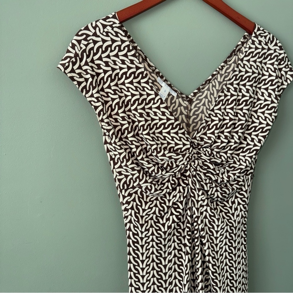 London Times Brown and Ivory Patterned Knot Front Short Cap Sleeve Dress 8 - Picture 3 of 9